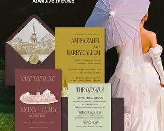 Old Money Cathedral Wedding Invitation Suite | Editorial Charleston Canva Templates with Save the Date, Details, Envelope Liner