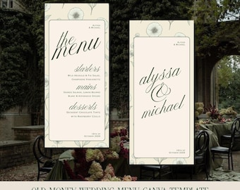 Luxury Olive Wedding Menu Template – Elegant Floral Reception Signage | Old Money Wedding, Canva Editable