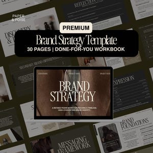 Peut inclure: Un modèle de stratégie de marque numérique au design moderne. L'image présente un ordinateur portable affichant les mots "Brand Strategy" et "30 PAGES | DONE-FOR-YOU WORKBOOK". L'arrière-plan comprend diverses pages avec des éléments de conception.