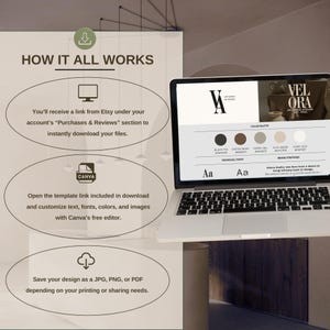 May include: A laptop displaying a website with a color palette and text. The screen shows a logo and the words "VELORA ARTISANAL INTERIORS". The image also includes instructions on how to download and customize files.