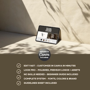 May include: A tablet displays a website design with the text "VELORA ATELIER". The image includes a color palette and the text "Editable in Canva in 5 mins!" with bullet points: Edit Fast, Look Pro, No Skills Needed, Complete System, and Guidelines Sheet Included.