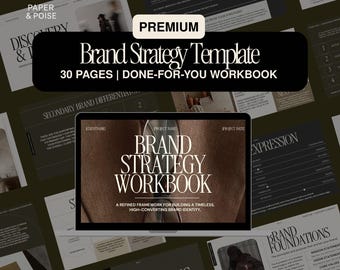 May include: A digital brand strategy template workbook displayed on a laptop screen, featuring 30 pages of business planning content. The design uses a dark color palette with white serif typography, including sections for brand foundations and messaging.