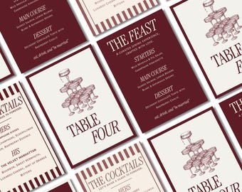 Old Money Burgundy Wedding Menu Suite | Editable Canva Templates |  The Night Before, Reception Menu, Table Numbers, Place Cards