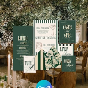 May include: Elegant olive wedding menu suite with various cards. The suite includes menu cards, signature cocktail signs, table cards, and signs for cards and gifts. The design features a dark green and cream color scheme with floral illustrations and the text "ELEGANT OLIVE WEDDING MENU SUITE".