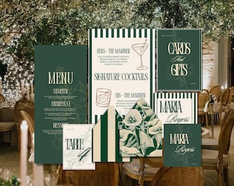 Old Money Olive Green Wedding Invitation Suite | Luxury Cream & Green Menu, Table Numbers, Signs | Editable Canva Templates