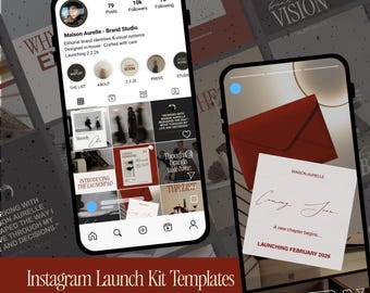 Modern Instagram Launch Templates for Canva | 90 Luxury Burgundy Instagram Post & Story Templates for Brands, Creators, Small Businesses