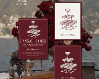 Elegant Fall Burgundy Champagne Save the Date | Classic Red & Cream Canva Editable Wedding Invitation Template | Old Money Luxury Printable