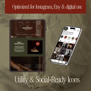 May include: A digital design showcasing a website and a smartphone displaying a brand's social media profile. The website features the text "MAISON AURELLE" and "Timeless identities for modern brands." The image is optimized for Instagram, Etsy, and digital use.