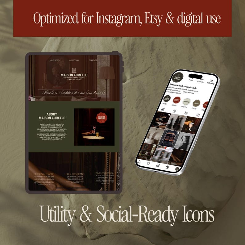May include: A digital design showcasing a website and a smartphone displaying a brand's social media profile. The website features the text "MAISON AURELLE" and "Timeless identities for modern brands." The image is optimized for Instagram, Etsy, and digital use.