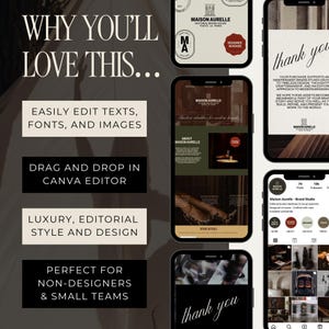 May include: A promotional graphic with the text "WHY YOU'LL LOVE THIS..." and features of a brand studio. The image includes phone mockups showcasing design elements, text editing, and Canva integration. The design is described as luxury and editorial style.
