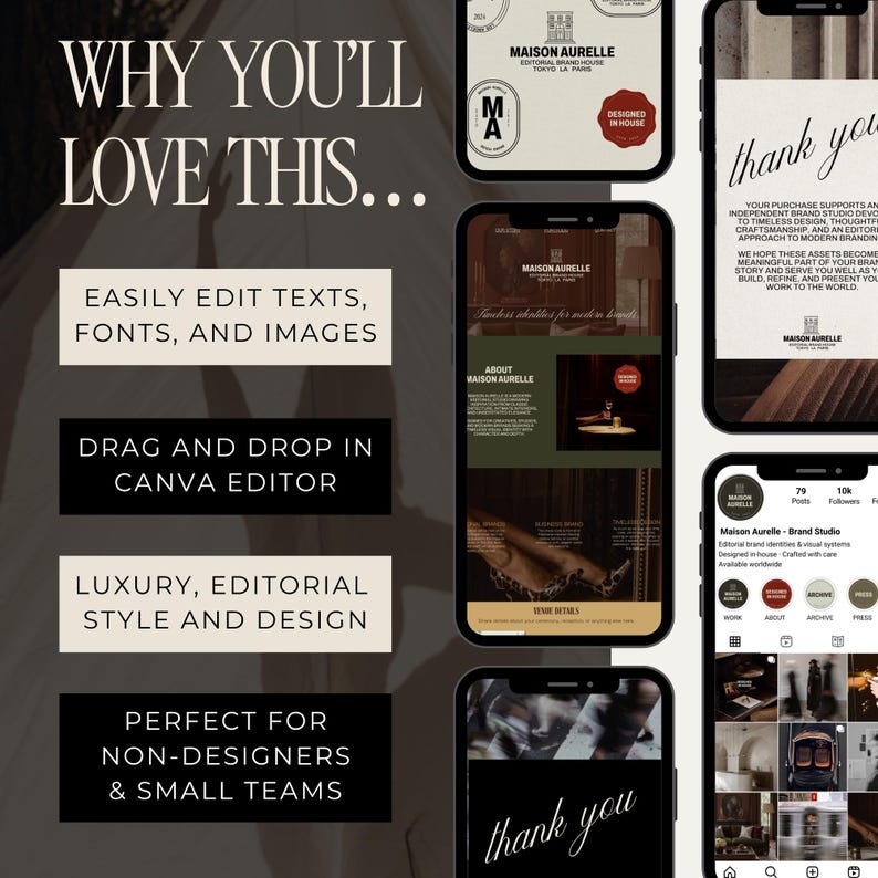 May include: A promotional graphic with the text "WHY YOU'LL LOVE THIS..." and features of a brand studio. The image includes phone mockups showcasing design elements, text editing, and Canva integration. The design is described as luxury and editorial style.