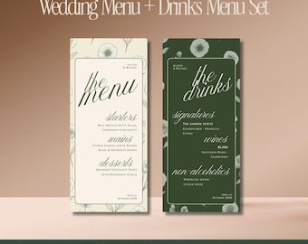 Elegant Olive Wedding Menu & Bar Menu Template Set – Elegant Reception Signage | Old Money Wedding, Canva Editable