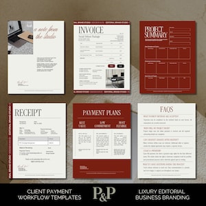 Peut inclure: Ensemble de modèles de flux de travail de paiement client et de documents de branding d'entreprise. Les modèles comprennent des factures, des reçus, des résumés de projet, des plans de paiement et des FAQ. Les documents présentent un code couleur bordeaux et blanc.