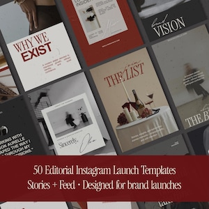 Könnte beinhalten: Eine Sammlung von 50 redaktionellen Instagram-Launch-Vorlagen. Die Vorlagen sind für Markenstarts konzipiert und umfassen Story- und Feed-Designs. Das Bild zeigt verschiedene Layouts mit Text und Bildern, darunter die Wörter "WHY WE EXIST" und "THE LIST".