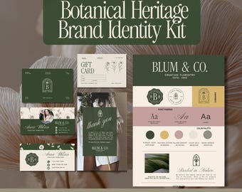 Botanical Heritage Brand Identity Kit • Canva Editable • Floral Logo Suite + Brand Board + Stationery Templates