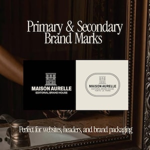 May include: Image featuring two brand mark designs. One is a black square with a white building logo and the text "MAISON AURELLE EDITORIAL BRAND HOUSE." The other is a cream-colored oval with the same logo and text, plus "TOKYO LA PARIS."