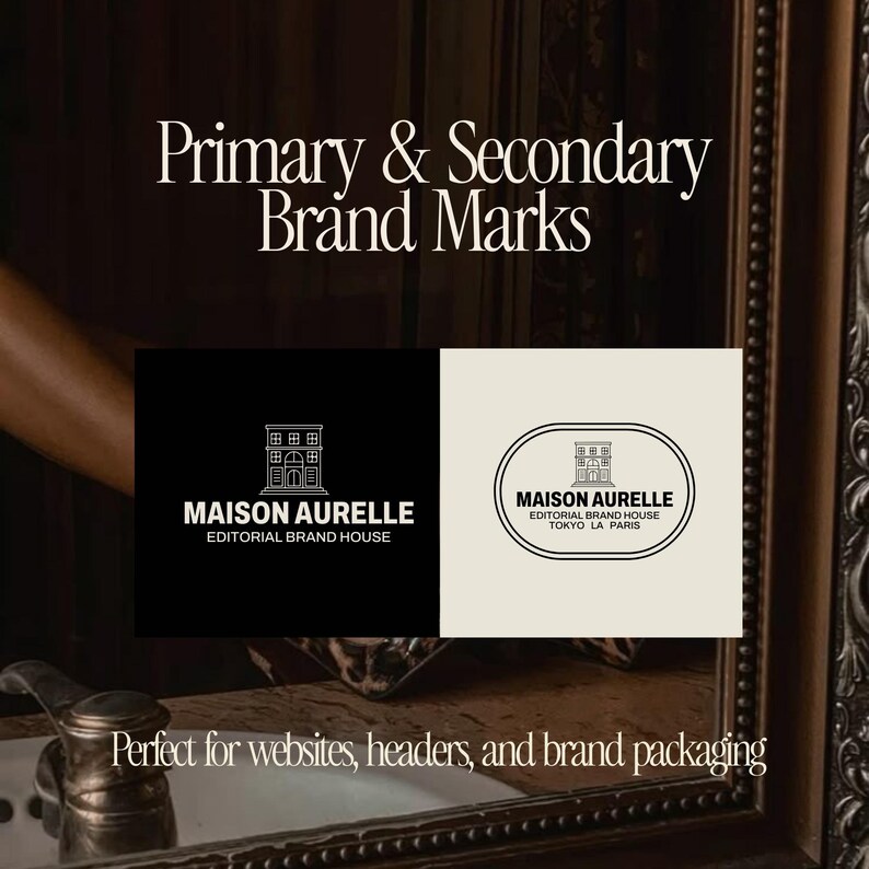 May include: Image featuring two brand mark designs. One is a black square with a white building logo and the text "MAISON AURELLE EDITORIAL BRAND HOUSE." The other is a cream-colored oval with the same logo and text, plus "TOKYO LA PARIS."