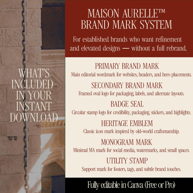 May include: A promotional graphic for the Maison Aurelle Brand Mark System. The image features text describing the system's components: Primary, Secondary, Badge, Heritage, Monogram, and Utility marks. The text is set against a burgundy and cream background.