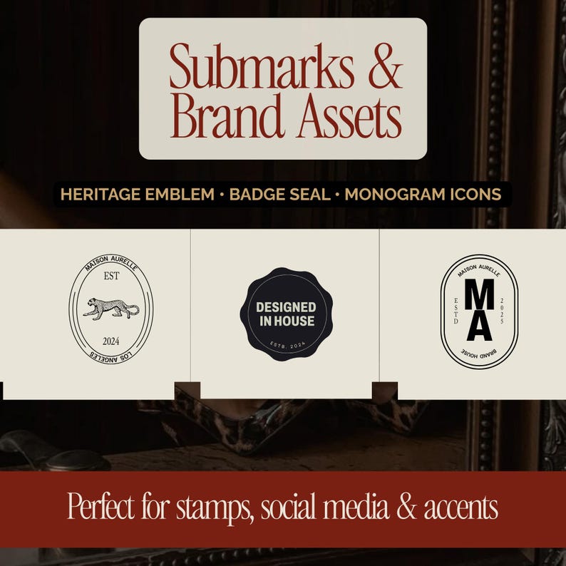 May include: Image featuring branding assets with text: "Submarks & Brand Assets." Includes heritage emblem, badge seal, and monogram icons. The text "Perfect for stamps, social media & accents" is also present.