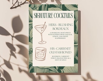 Olive Green Cocktail Menu Template | Old Money Wedding Bar Sign | Editable Canva Drink Menu, Signature Cocktails, Digital Download