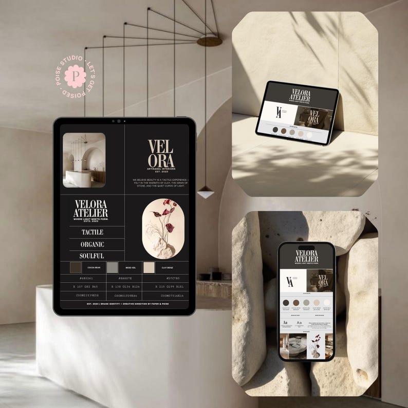 May include: A digital design showcasing the "VELORA ATELIER" brand, displayed on a tablet and smartphone. The design features a black background with white text, a logo, and a color palette. A tablet is propped up, and a smartphone is also shown.