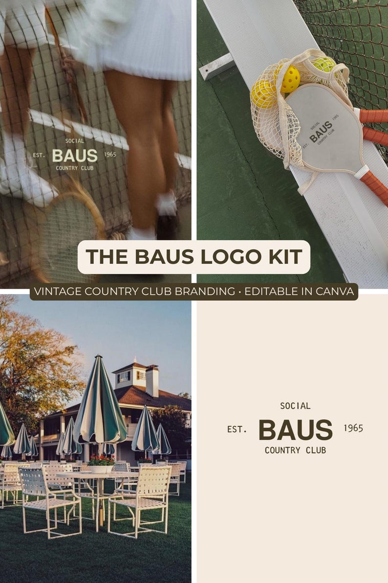 K&ouml;nnte beinhalten: Eine Collage mit Tennisger&auml;ten, einer Country-Club-Szene und dem "BAUS"-Logo. Das Logo enth&auml;lt den Text "SOCIAL EST. BAUS 1965 COUNTRY CLUB". Der Text "THE BAUS LOGO KIT" und "VINTAGE COUNTRY CLUB BRANDING &bull; EDITABLE IN CANVA" sind ebenfalls vorhanden.