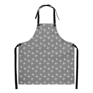 グレーのエプロンにホワイトのミッドセンチュリースターバースト柄 – モダンなユニセックスのクッキング＆バーベキューエプロン