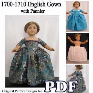 English Gown circa 1700 - 1710 with White Cotton Pannier Pdf Dress Pattern for AG or 18 inch Doll - INSTANT DOWNLOAD