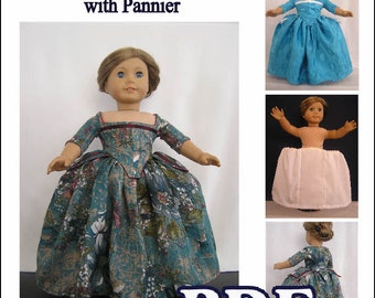 English Gown circa 1700 - 1710 with White Cotton Pannier Pdf Dress Pattern for AG or 18 inch Doll - INSTANT DOWNLOAD