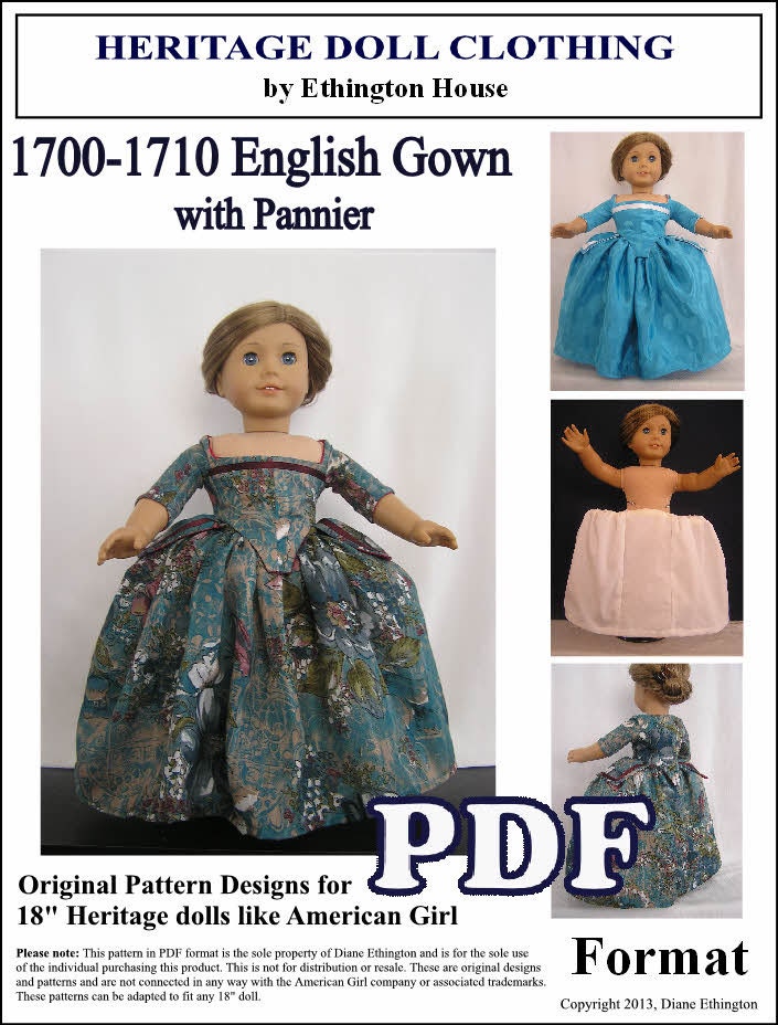 English Gown circa 1700 - 1710 with White Cotton Pannier Pdf Dress Pattern for AG or 18 inch Doll - INSTANT DOWNLOAD