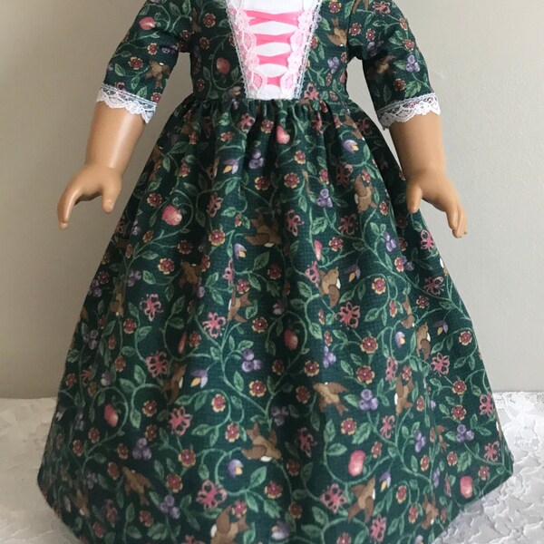 Colonial Evergreen Calico Day Dress with Mob Cap for 18 Inch or AG Felicity or Elizabeth Doll