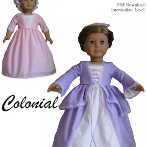 Puede incluir: Un patrón de costura PDF para un vestido de estilo colonial para muñecas de 45 cm. El patrón es para un nivel de costura intermedio e incluye dos muñecas que llevan el vestido en diferentes colores. El texto en la imagen dice "Mother Of Nine" y "Colonial".