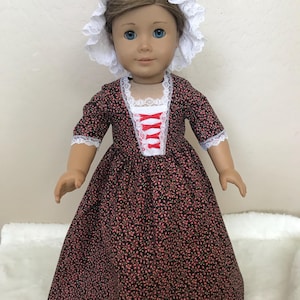 Colonial Ren Calico Cotton Day Dress with Mob Cap for 18 Inch or AG Felicity or Elizabeth Doll