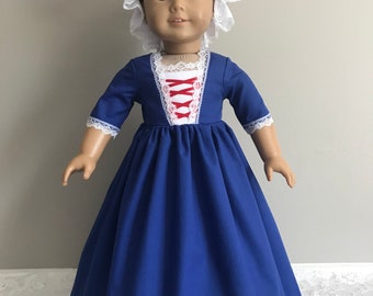 Colonial American Blue Day Dress with Mob Cap for 18 Inch or AG Felicity or Elizabeth Doll