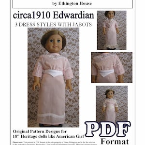 circa 1910 Edwardian 3 Kleider mit 2 Jabots Muster für American Girl oder 18 inch Doll - INSTANT DOWNLOAD