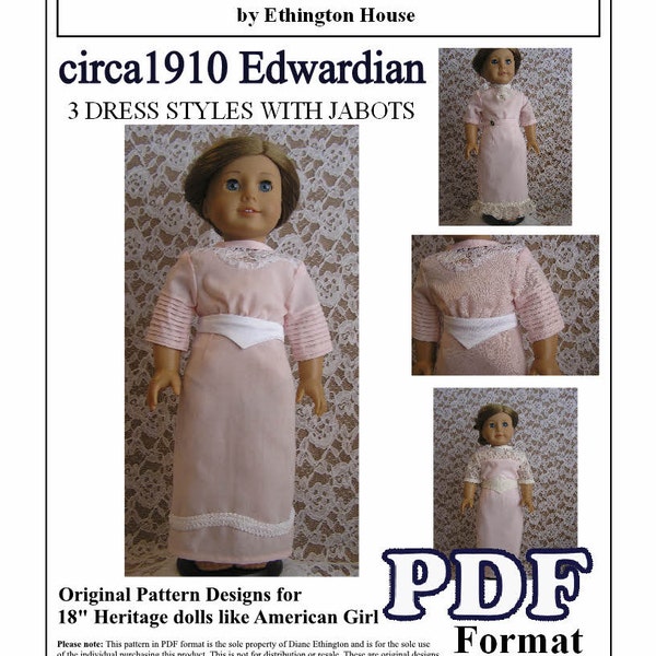 circa 1910 Edwardian 3 Dresses with 2 Jabots Pattern for American Girl or 18 inch Doll - INSTANT DOWNLOAD