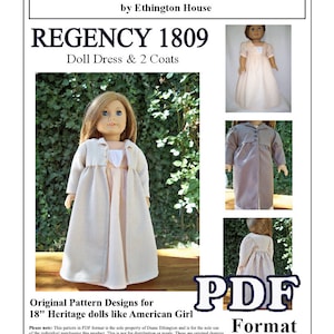 1809 Regency Plisowana sukienka z 2 wzorami płaszczy dla American Girl lub 18-calowej lalki - NATYCHMIASTOWE POBIERANIE