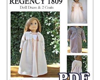 1809 Regency Pleated Dress with 2 Coat Patterns for American Girl or 18 inch Doll - INSTANT DOWNLOAD