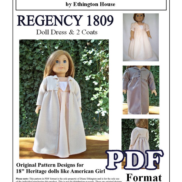 1809 Regency Pleated Dress with 2 Coat Patterns for American Girl or 18 inch Doll - INSTANT DOWNLOAD