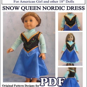 May include: A PDF pattern for a Snow Queen Nordic dress for 18-inch dolls like American Girl dolls. The pattern includes a blue and black dress with gold trim and a blue and white vest. The text "Original Pattern Designs for 18" Heritage dolls like American Girl" and "PDF Format" is visible on the image.