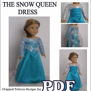 Puede incluir: Un patr&oacute;n PDF para un vestido de la Reina de las Nieves para mu&ntilde;ecas de 18 pulgadas como las mu&ntilde;ecas American Girl. El vestido es azul turquesa con lentejuelas plateadas y detalles de copo de nieve. El patr&oacute;n es para uso personal &uacute;nicamente y no est&aacute; afiliado a la empresa American Girl.