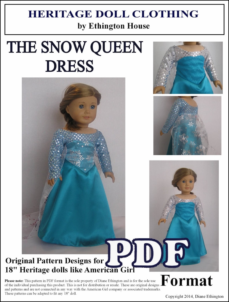 Puede incluir: Un patr&oacute;n PDF para un vestido de la Reina de las Nieves para mu&ntilde;ecas de 18 pulgadas como las mu&ntilde;ecas American Girl. El vestido es azul turquesa con lentejuelas plateadas y detalles de copo de nieve. El patr&oacute;n es para uso personal &uacute;nicamente y no est&aacute; afiliado a la empresa American Girl.
