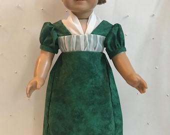 Vestido de algodón estilo Pemberley multicolor verde estilo Regency para muñeca AG o de 18 pulgadas.