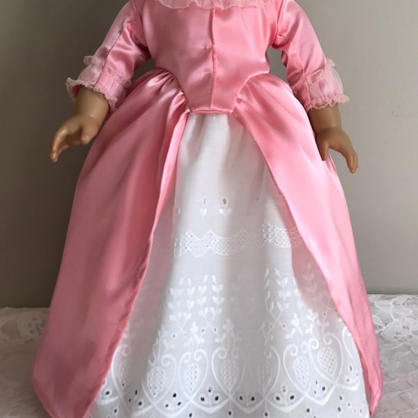 1770's English Peach Satin Gown and White Eyelet Cotton Petticoat for 18 Inch or AG Doll