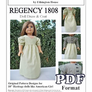Regency 1808 V Neck Doll Dress with Cap Sleeve Empire Waist Coat Pdf Pattern  for AG or 18 Inch Doll- INSTANT DOWNLOAD