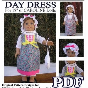 May include: A PDF pattern for a day dress for 18 inch dolls. The dress is blue and white with a pink trim and yellow accents. The pattern is for dolls like American Girl dolls. The image shows a doll wearing the dress.