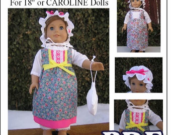 Mönster för dagklänning, hatt, lådor och dragskoväska för Caroline American Girl eller 18-tums docka - PDF DIREKT NEDLADDNING