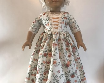 Colonial Rust and Orange Floral Cotton Dress with Mob Cap for AG or 18 Inch Doll