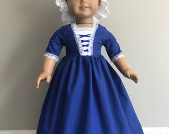 Colonial Bright Blue Day Dress with Mob Cap for 18 Inch or AG Felicity or Elizabeth Doll