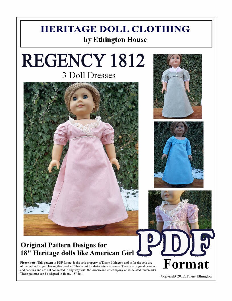 1812 Regency Period Doll Dress Patterns for 3 Dresses to fit American Girl or 18 inch Doll - PDF INSTANT DOWNLOAD